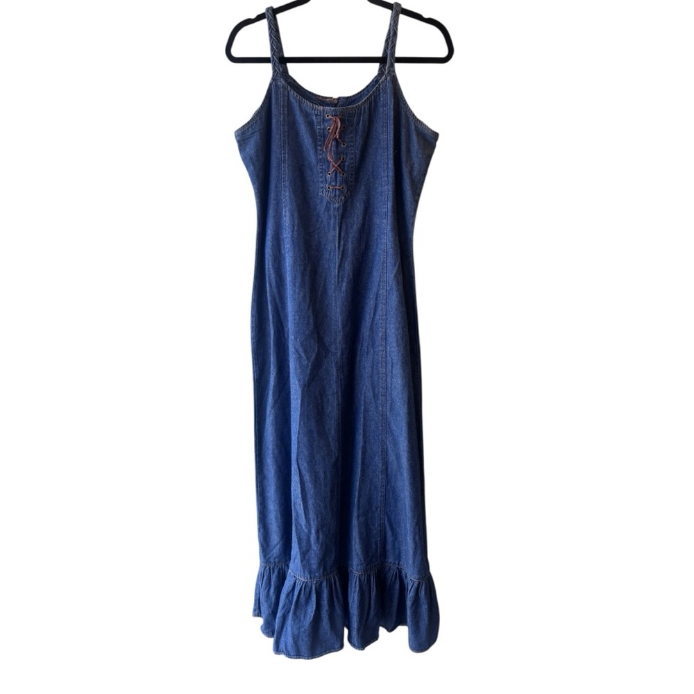 Denim Midi Dress Lace Up Western Boho Ruffle Hem Size M Stampede